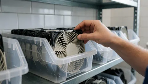 Hand taking a computer fan from a clear box on a metal shelf in a computer repair workshop with white tiled walls.