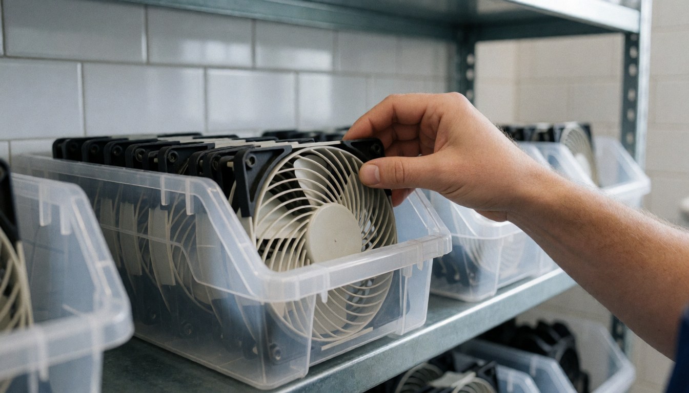 Hand taking a computer fan from a clear box on a metal shelf in a computer repair workshop with white tiled walls.