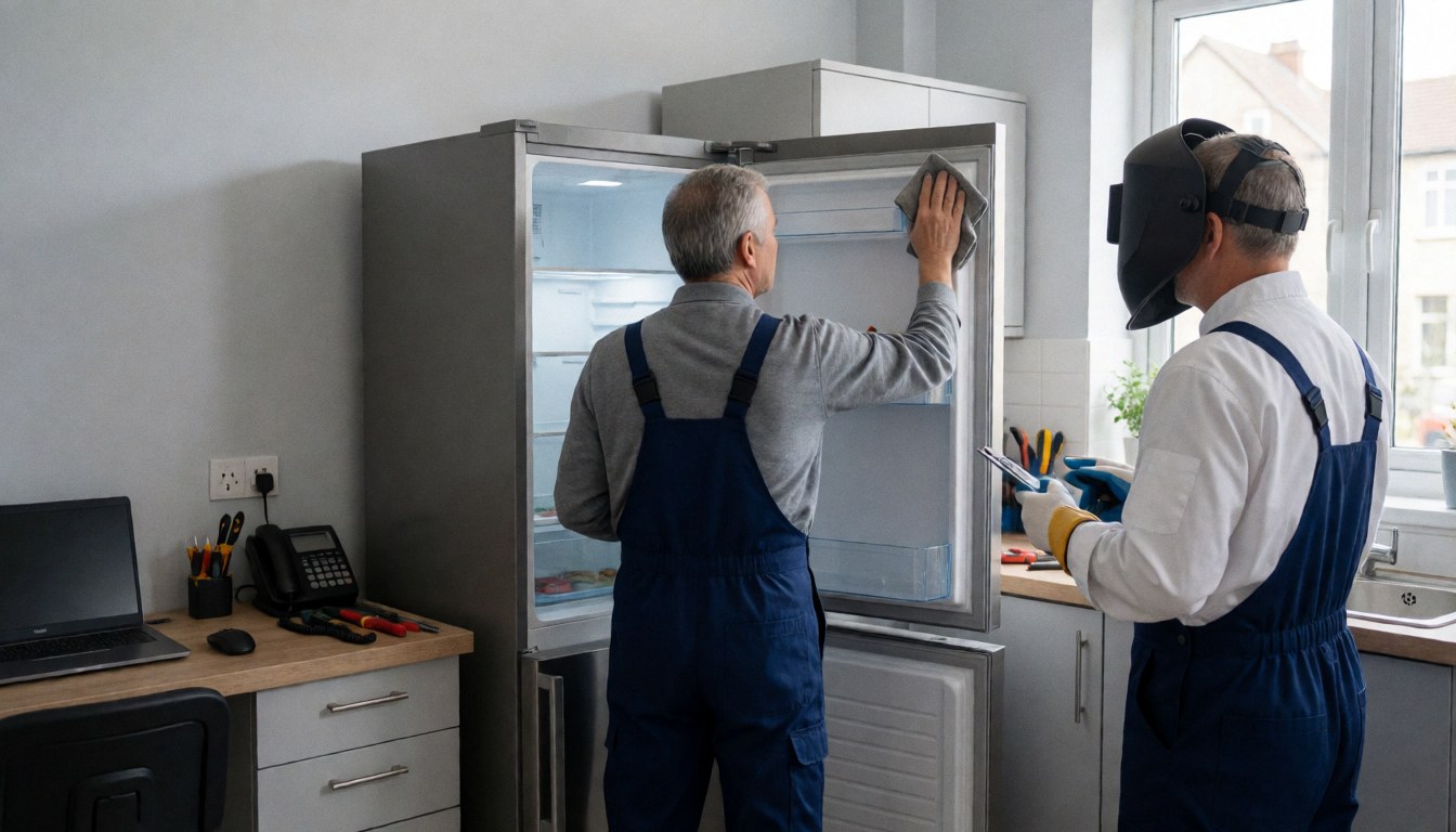 Technician cleaning refrigerator door seal in a well-lit workshop with visible repair tools