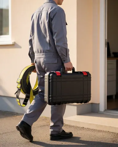 Technician in gray uniform carrying a tool case and wearing a safety belt walking toward a beige house