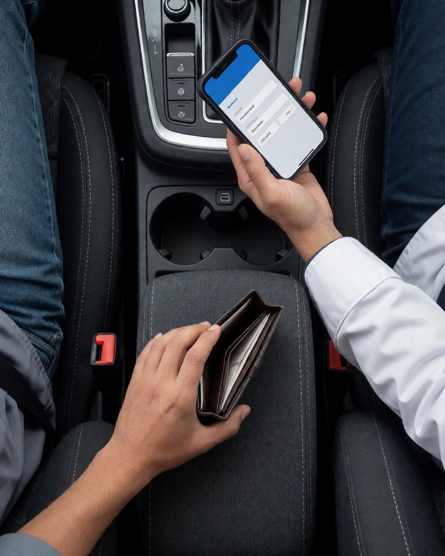 Close-up of a hand holding a smartphone and an open wallet on a car center console during a ride-hailing transaction.