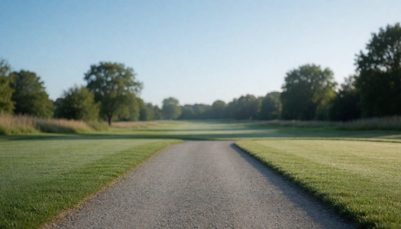 A gravel path winds through a well-manicured golf course with green grass, trees in the background, and a clear blue sky, ideal for text overlay.