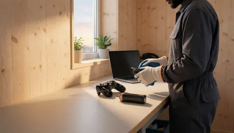 Technician in work attire repairing a console battery in a workshop with sunset light and a disassembled controller on a table.