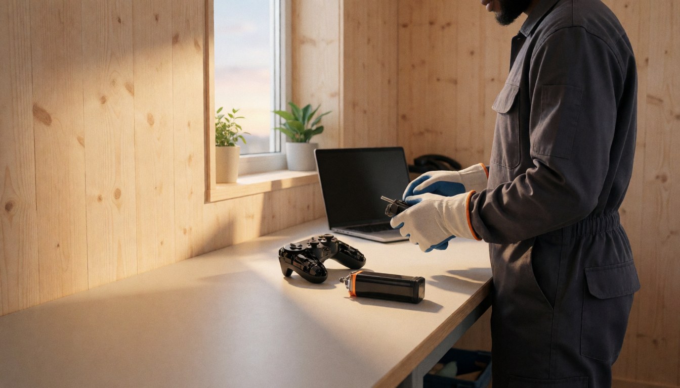 Technician in work attire repairing a console battery in a workshop with sunset light and a disassembled controller on a table.