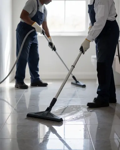 Two workers use squeegees to clean gray tile floors in a bathroom with natural light, demonstrating professional cleaning service.