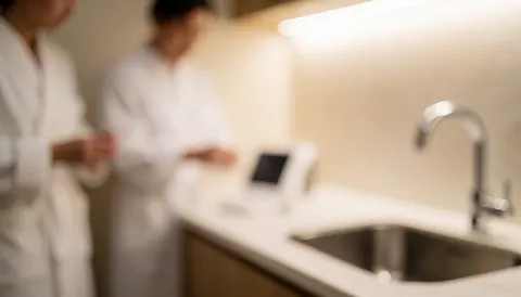 Close-up of a modern bathroom sink with a stainless steel faucet and white towels holding blurred faces, suitable for skincare text backgrounds