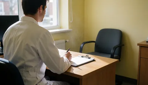 A healthcare practitioner in a white coat writes notes at a wooden desk in a clinic with yellow walls and an empty patient chair.