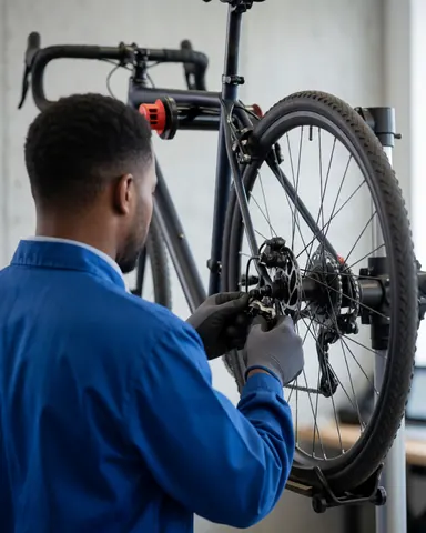 Bike mechanic in workshop adjusting rear derailleur with gloves and blue uniform, concrete walls in background