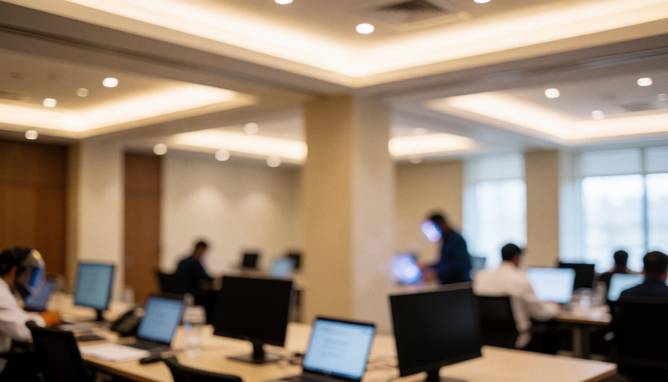 Warm architectural lights illuminate a conference room with tables, monitors, and laptops, creating a professional background for text.