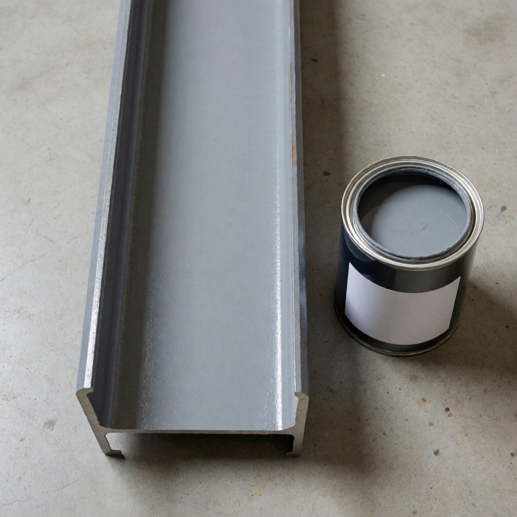 Gray painted industrial metal profile next to a paint can on a concrete floor for construction projects
