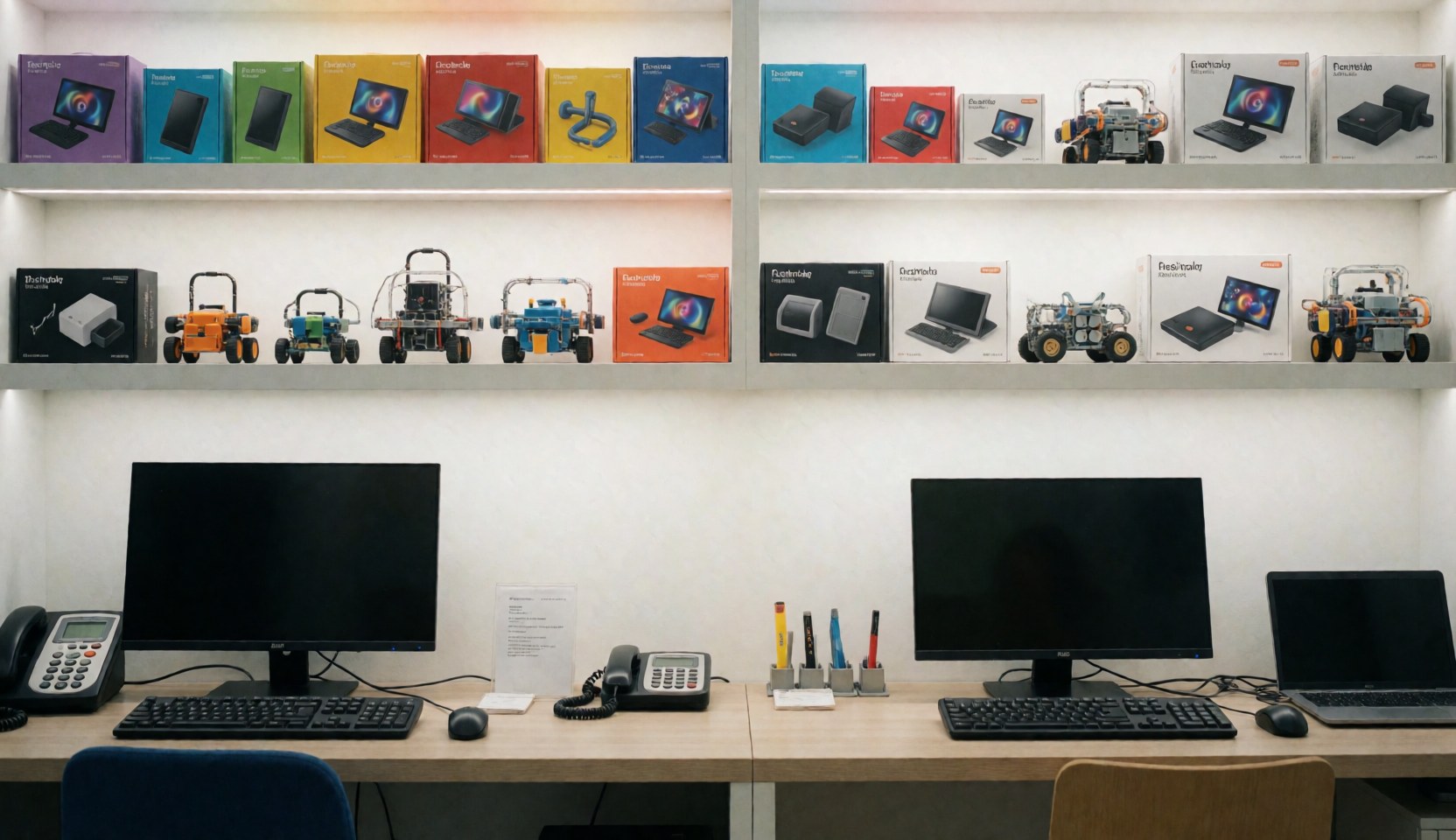 Shelves holding robots and component boxes in a robotics workshop with modern tables and monitors.