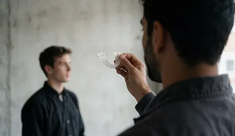 Martial arts instructor holding a transparent protective mask for a student in a gym with concrete walls