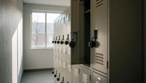 Gray hostel corridor featuring metal lockers, one open with a lock, illuminated by natural light from a window.