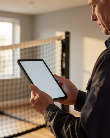Volleyball coach holding a tablet in a gym with a net and gray walls, illuminated by warm window light.