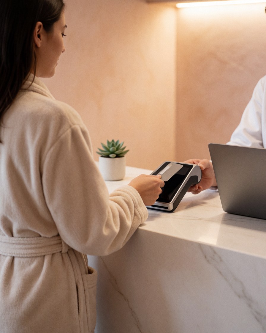 A client in a robe pays with a card at the reception desk of a spa with terracotta walls.