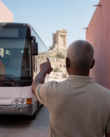Tour guide pointing toward ancient ruins with a parked tour bus nearby on a sunny day