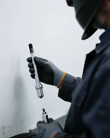 Close-up of a mechanic's gloved hand holding a new tire valve stem against a white wall with repair tools visible in the background