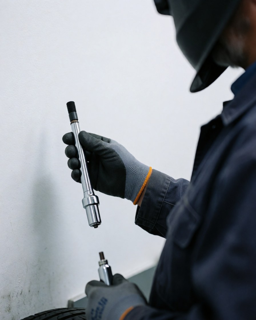 Close-up of a mechanic's gloved hand holding a new tire valve stem against a white wall with repair tools visible in the background