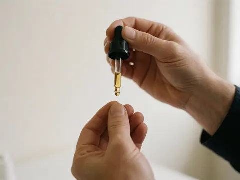 Close-up of an amber serum drop falling from a glass dropper against a clean white clinical background, highlighting acne treatment product details
