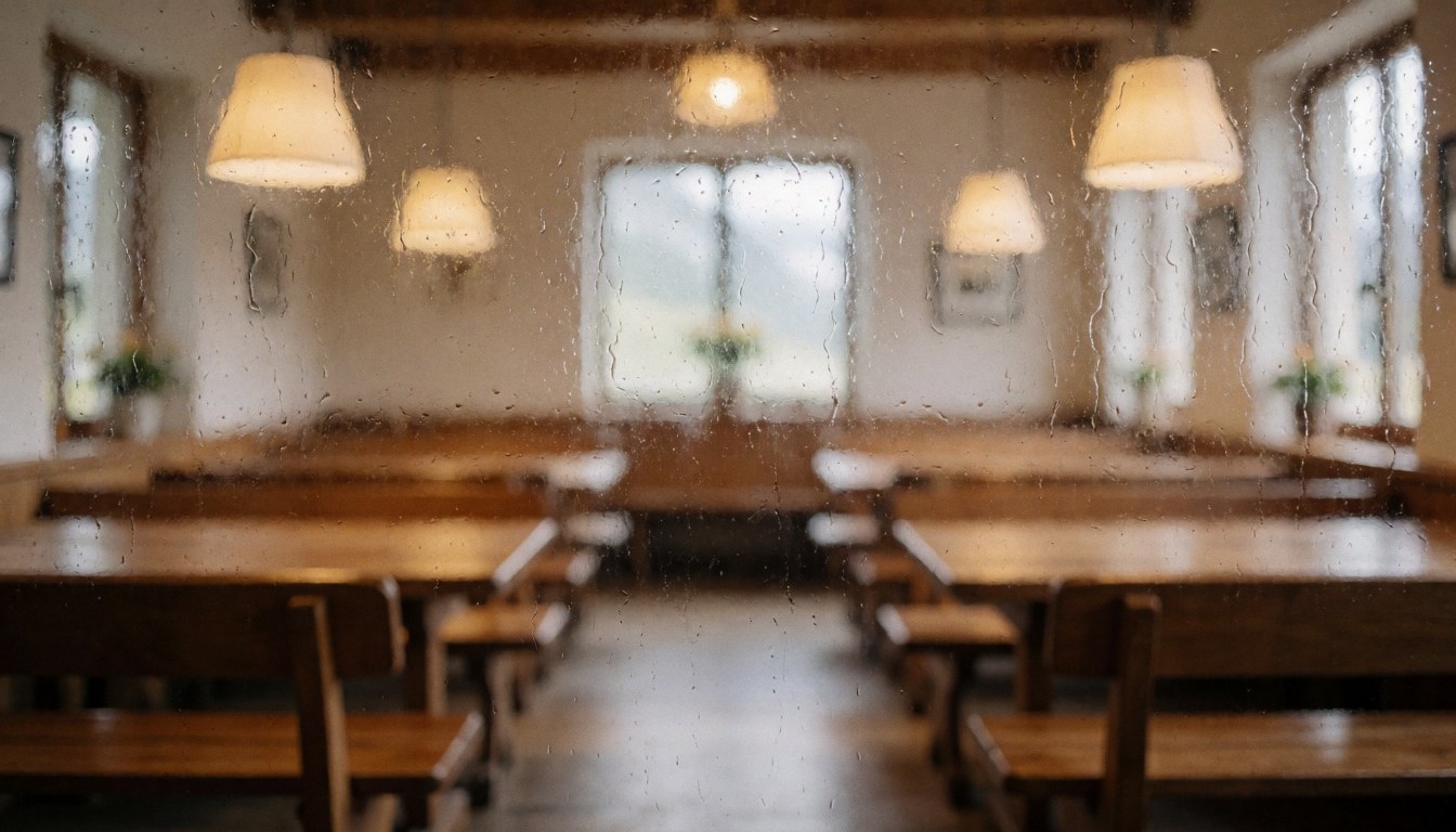 Warm mountain dining room background with wooden tables, stools, and hanging lamps seen through a rain-fogged window.