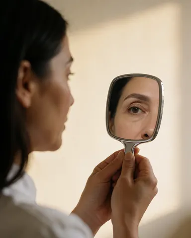 A woman inspects her newly done eyebrows using a handheld mirror in a studio with beige walls and warm lighting