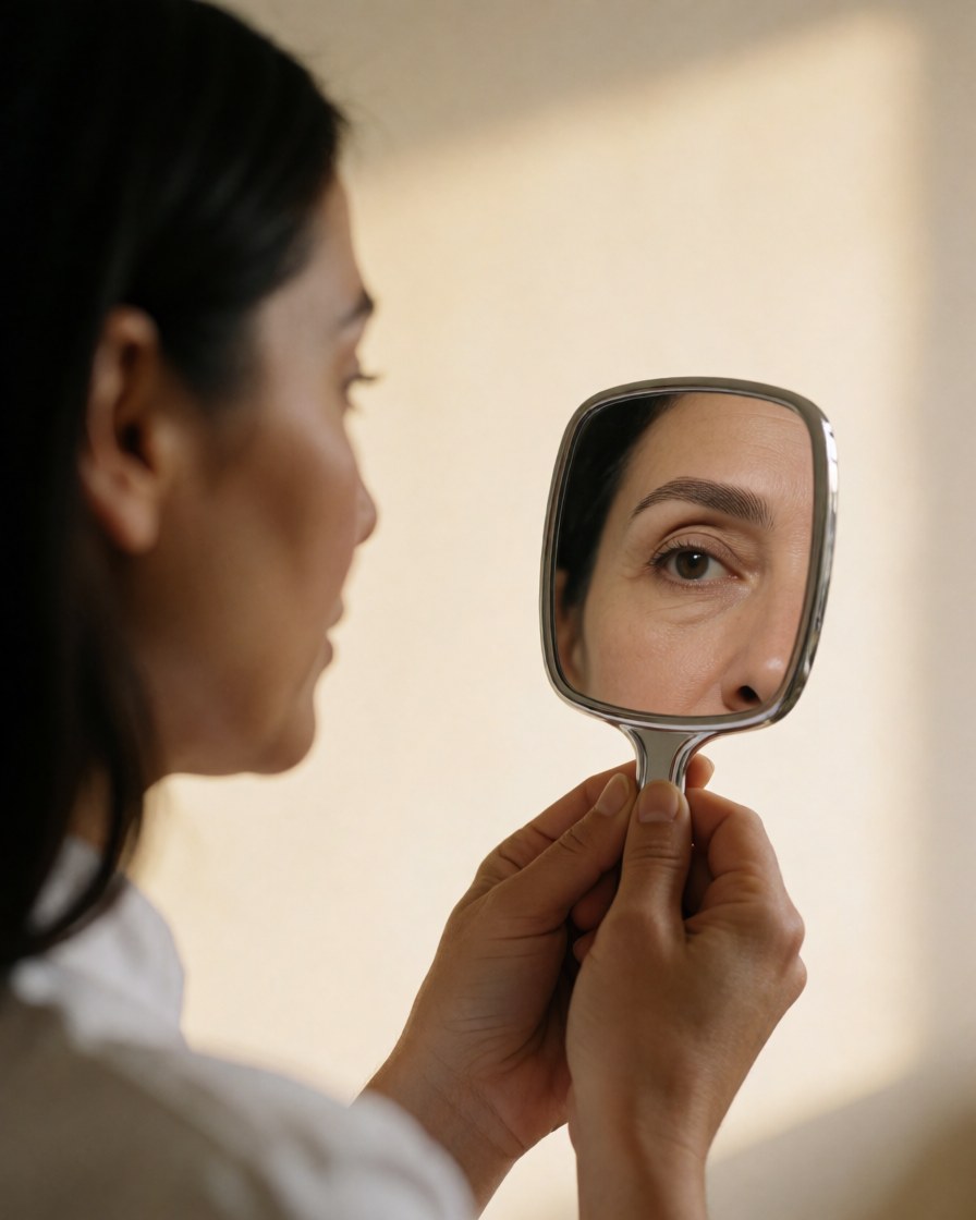 A woman inspects her newly done eyebrows using a handheld mirror in a studio with beige walls and warm lighting