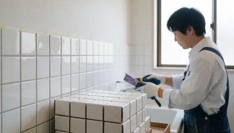 A bathroom installer is placing shiny white tiles on a wall with material boxes and natural light coming through the window.