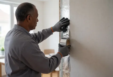 Worker applying aluminum tape to thermal insulation joint during residential service
