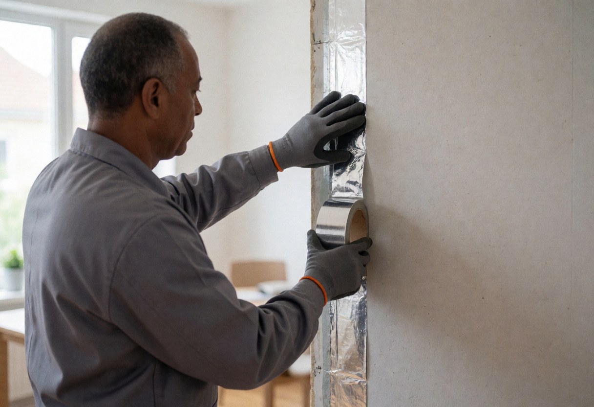 Worker applying aluminum tape to thermal insulation joint during residential service