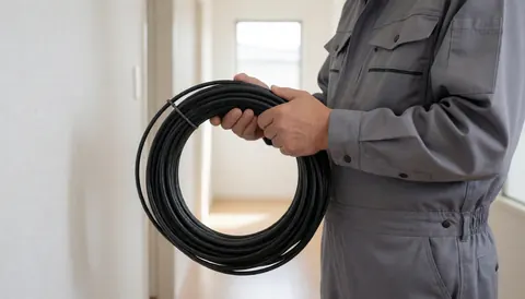 Electrician holding a roll of black THHN cable in a residential hallway with white walls and natural light.
