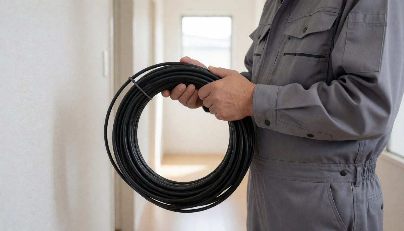 Electrician holding a roll of black THHN cable in a residential hallway with white walls and natural light.