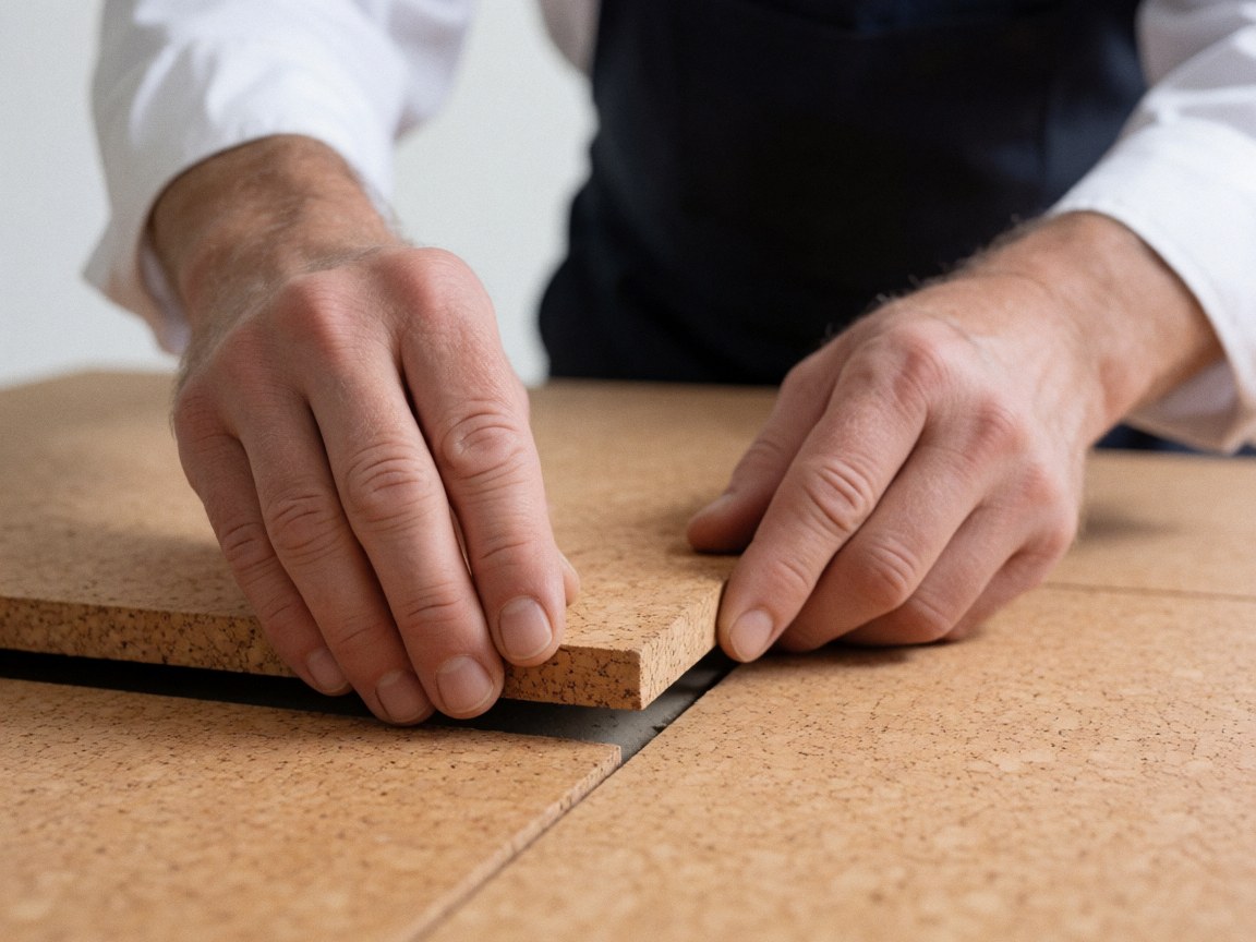 Close-up of hands placing a cork tile onto a surface, showing the porous texture and joint between tiles.