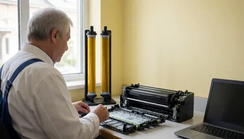 Technician repairing a printer fuser with new rollers and a laptop in a workshop with light yellow walls and space for text on the right