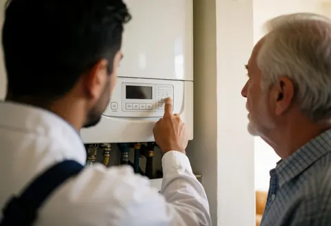 Technician adjusts a boiler thermostat while a client watches attentively in a home hallway during a professional heating installation service.
