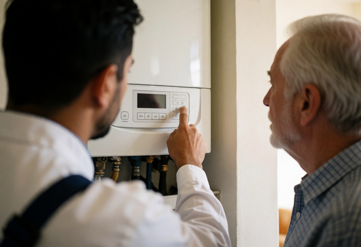 Technician adjusts a boiler thermostat while a client watches attentively in a home hallway during a professional heating installation service.