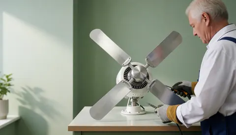 Technician wearing gloves adjusting metal fan blades on a white workbench in a workshop with green walls