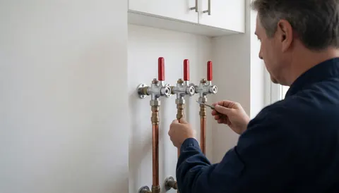 Professional plumber adjusting three steel valves with red handles on a white wall in a utility room.