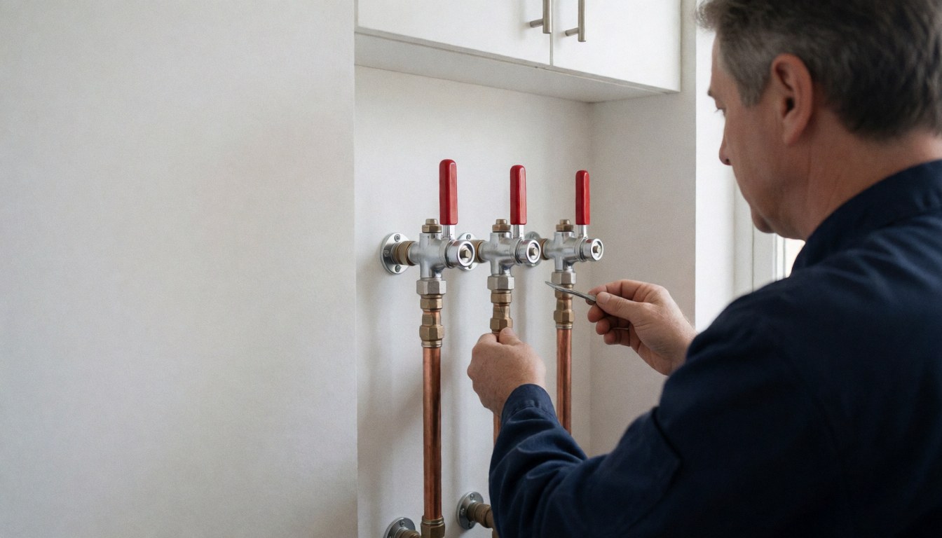Professional plumber adjusting three steel valves with red handles on a white wall in a utility room.