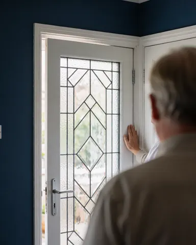 A satisfied client inspects a newly installed geometric patterned glass entry door in a room with blue walls.