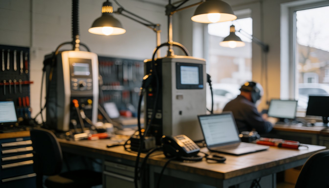 Battery repair shop with charging machines, wall tools, and a person working on computers under warm lighting