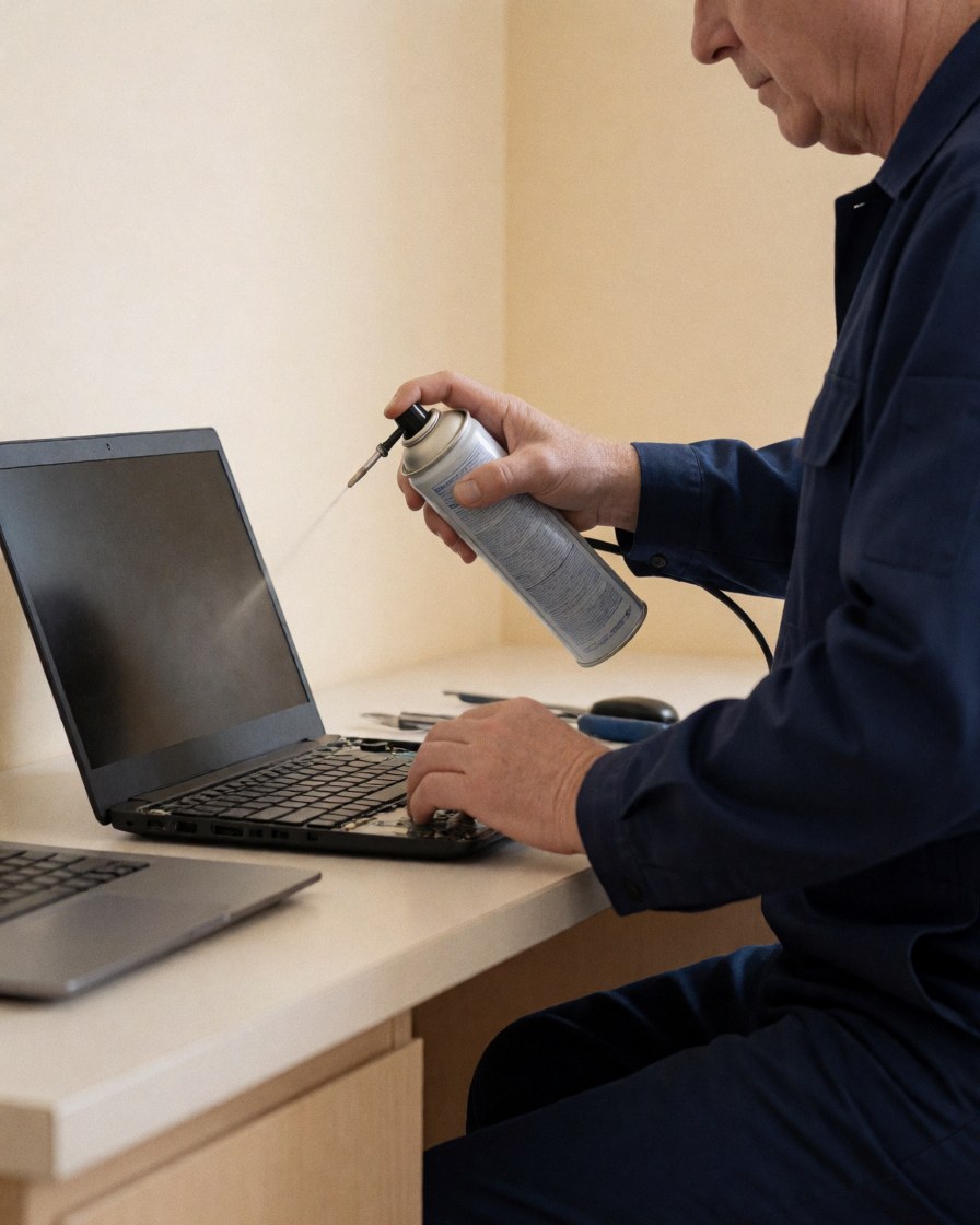 Technician in blue uniform cleaning a laptop with compressed air on a workbench during computer repair service