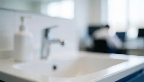 Clean white sink background with metal faucet and soap bottle, ideal for hygiene and wellness services with soft lighting