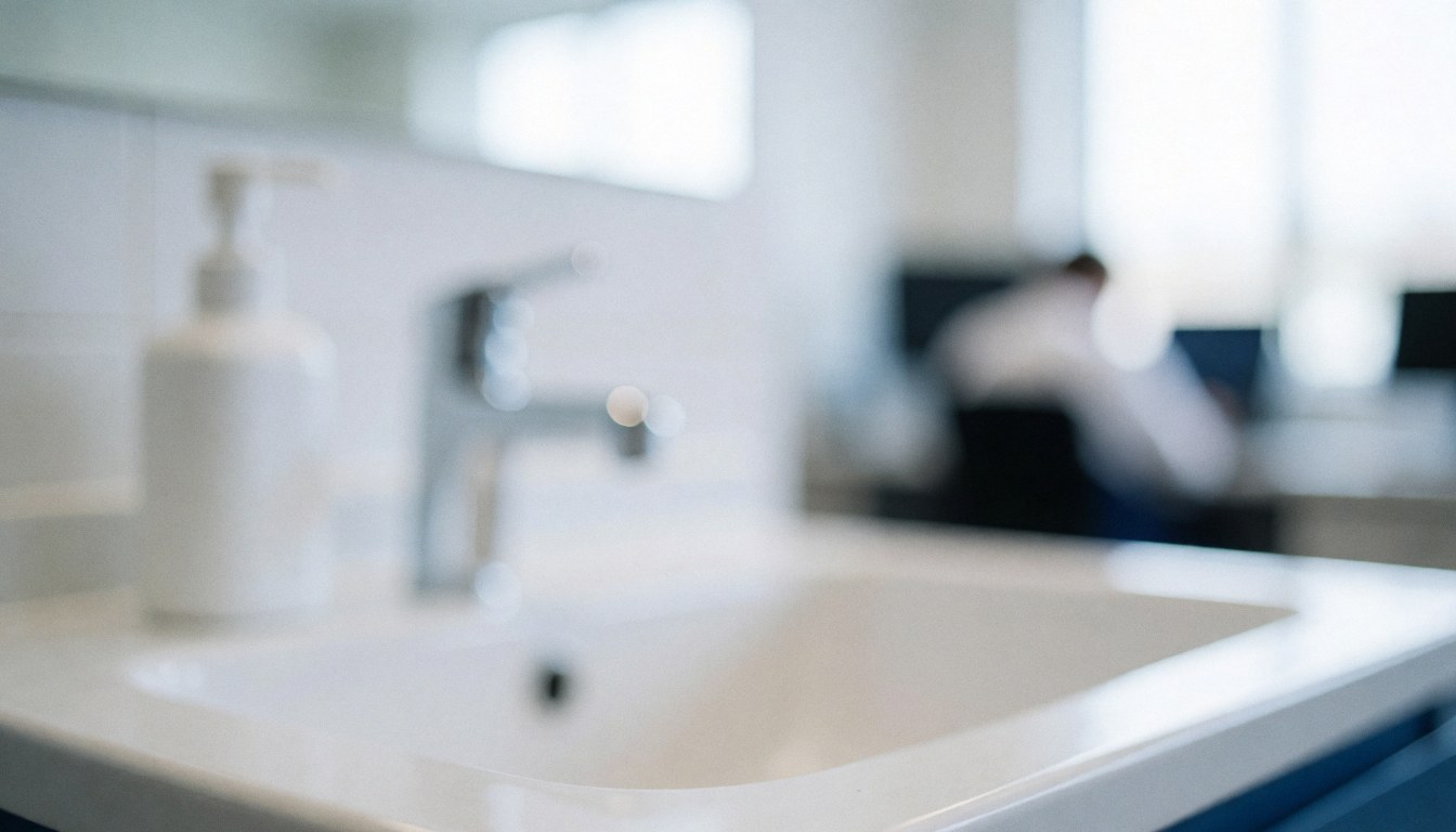 Clean white sink background with metal faucet and soap bottle, ideal for hygiene and wellness services with soft lighting