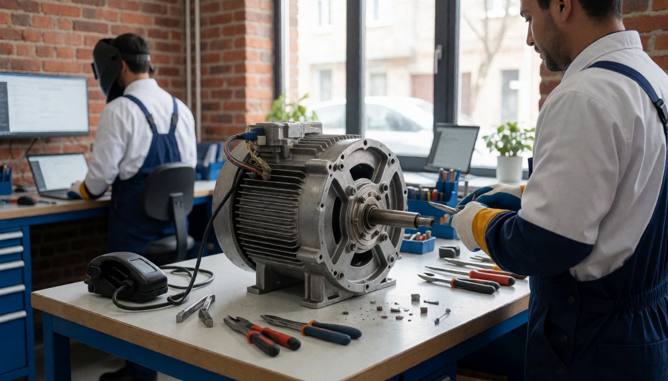 Technician repairing an electric motor in a workshop with brick walls and tools on the table, illuminated by natural light.