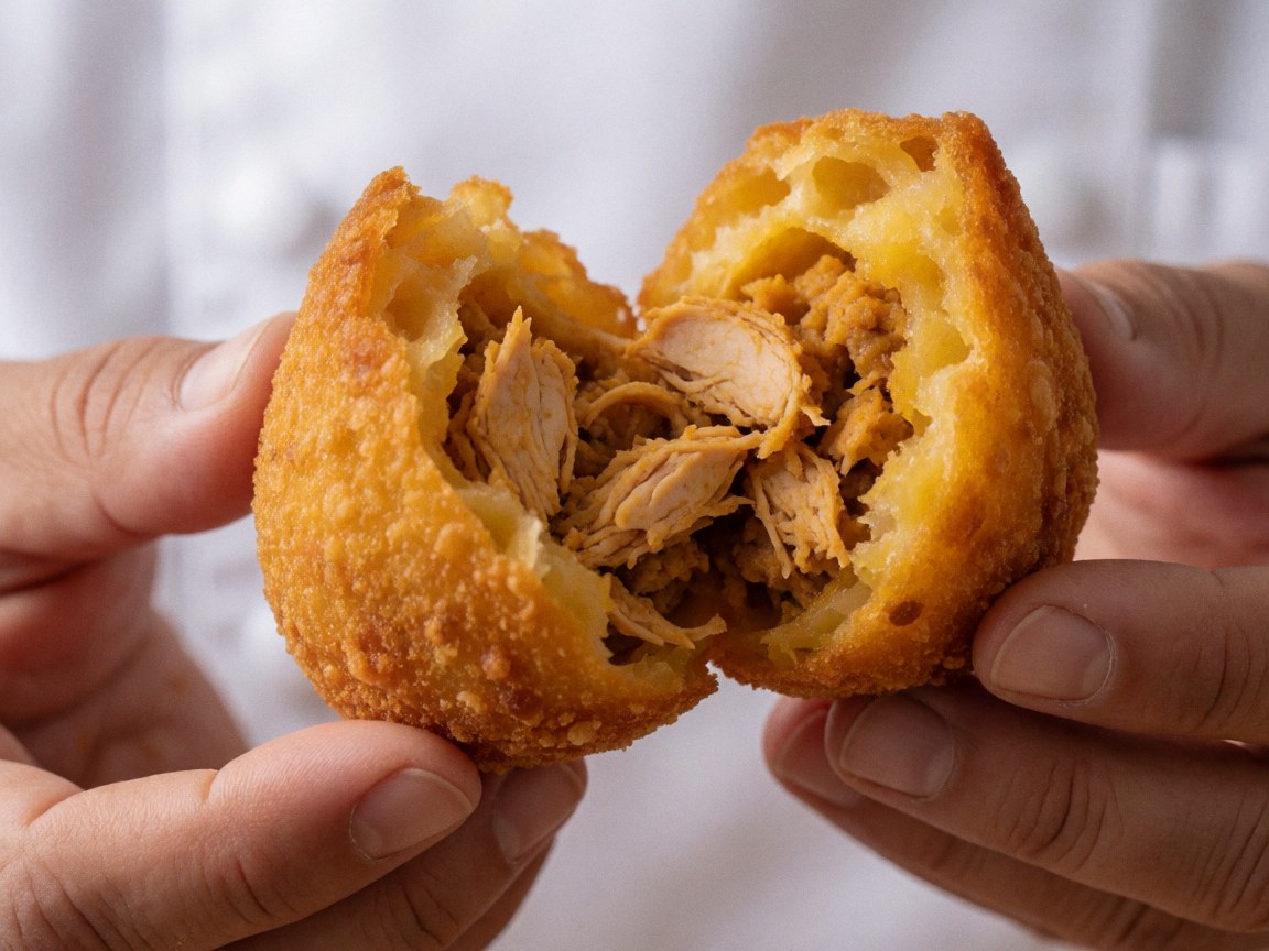 Close-up of a broken chicken coxinha revealing shredded chicken filling and golden batter held in hands