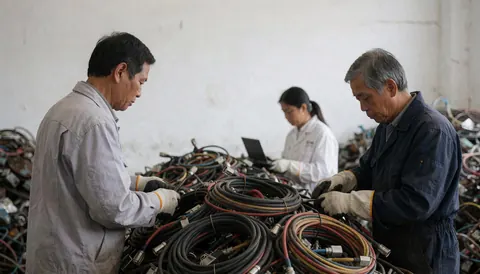 Two men handle recycled electrical cables in a workshop while a woman works on a laptop in the background against white walls.