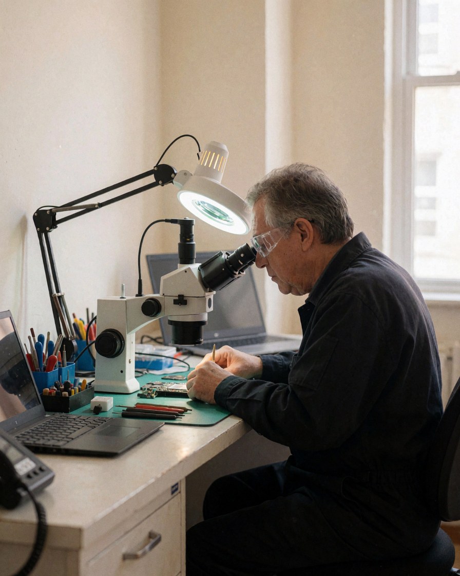 Technician repairing a cell phone motherboard using a microscope and tools in a mobile repair shop with work lighting.