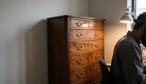 A restored antique wooden dresser featuring bronze handles, illuminated by a work lamp in a furniture workshop.