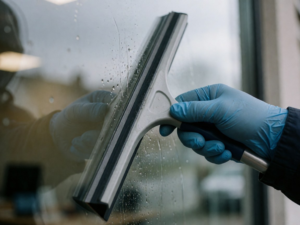 Close-up of a hand wearing a blue glove using a professional squeegee to clean a glass window with visible water droplets and reflections.