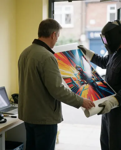 A satisfied customer checks a large vibrant printed banner held by staff in a workshop with light yellow walls.